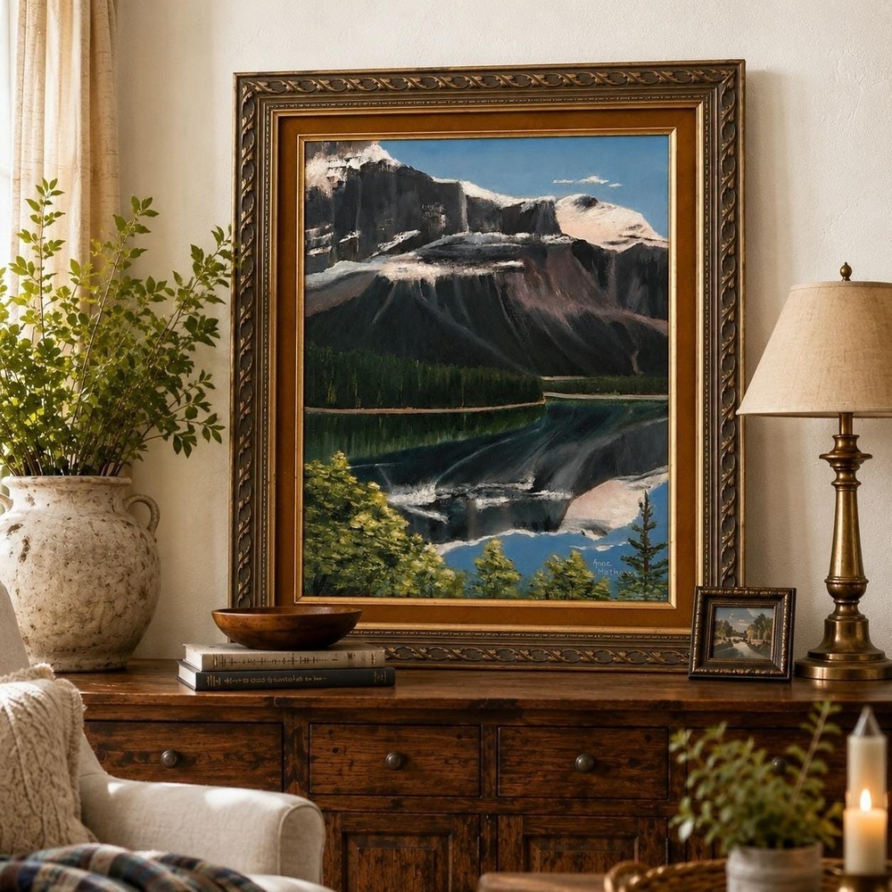 Vintage Oil Painting Mountain Lake Landscape - Signed Anne Matthews - Framed